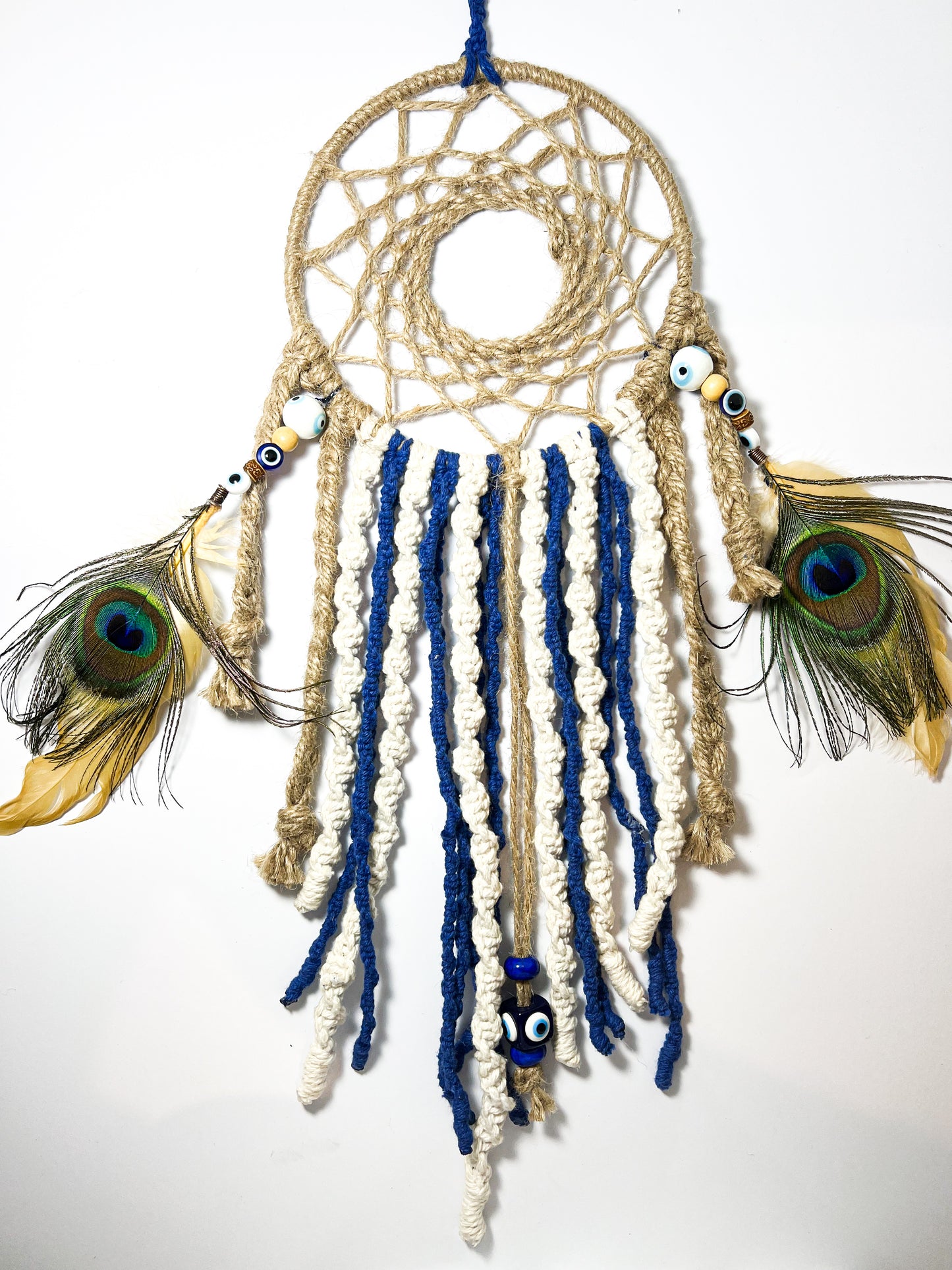 Dream Catcher - Beige Blue Peacock Feathers (Medium)